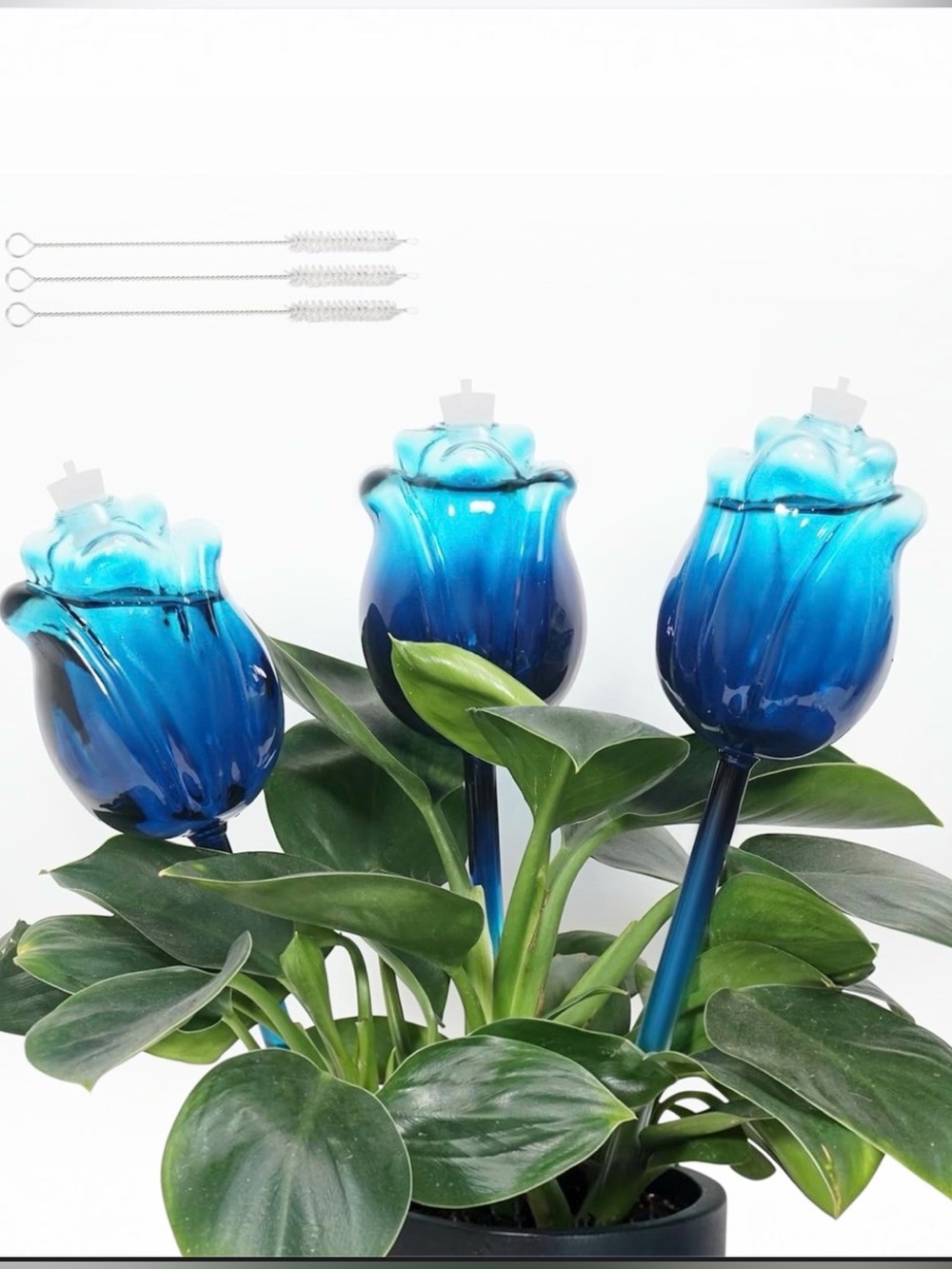 A. RYEH-HOME Blue Glass Tulip Watering Globes Set of 3 Large 10oz NWT